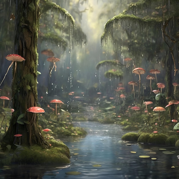 A fairy forest during a gentle rain shower with each raindrop meticulously depicted as it cascades