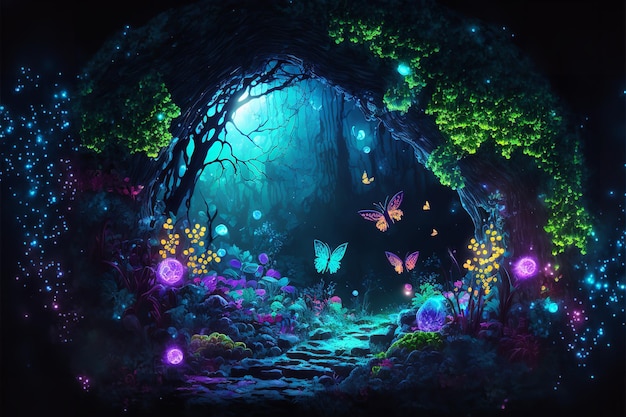 Fairy forest at night fantasy glowing flowers and lights Generative AI