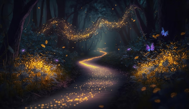 Fairy forest at night fantasy glowing flowers and lights Generative AI