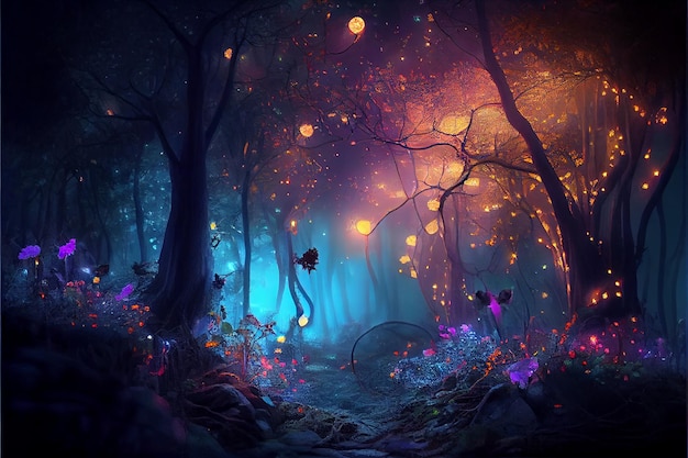 Fairy forest at night fantasy glowing flowers and lights Generative A