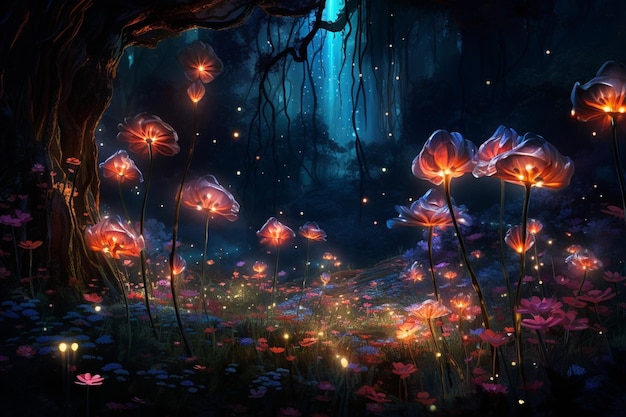 Fairy forest at night fantasy glowing flowers and lights generative