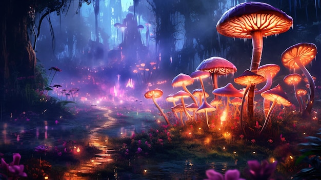 fairy forest at night scenery of fantasy meadow glow