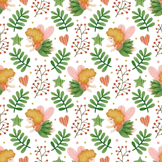 Fairy garden watercolor seamless pattern