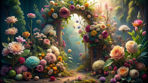 a fairy garden with a door and flowers