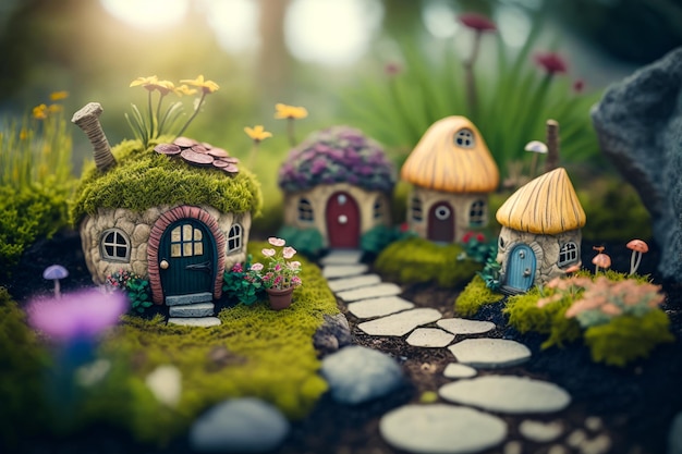 Fairy garden with miniature houses and flowers Generative AI