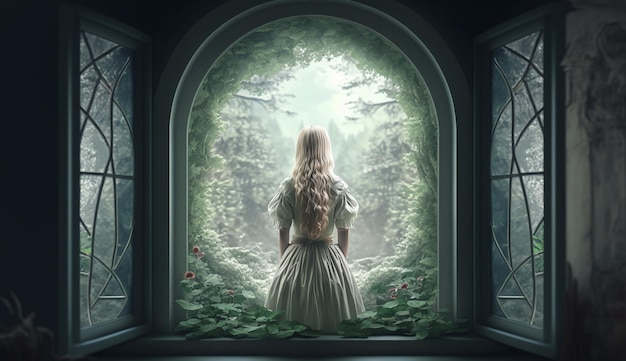 Fairy girl look at the fatasy forest from behind the big window 3d render illustration image