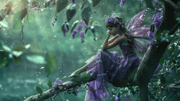 A fairy girl in a purple dress was alone sitting pensively in a green forest AI Generated image