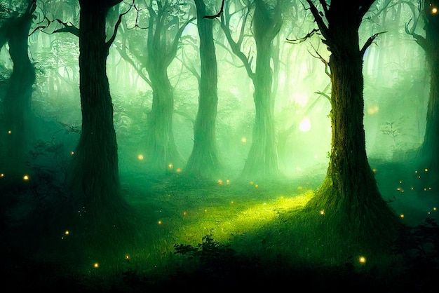 Fairy gloomy forest with fireflies