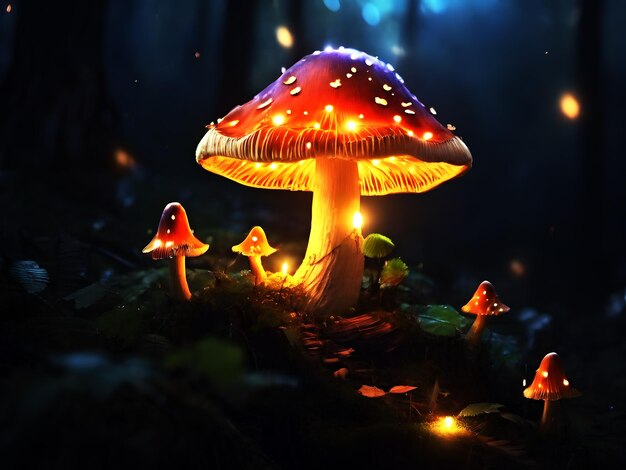 Fairy glowing chantrelle mushroom Night in the mystical forest Generated