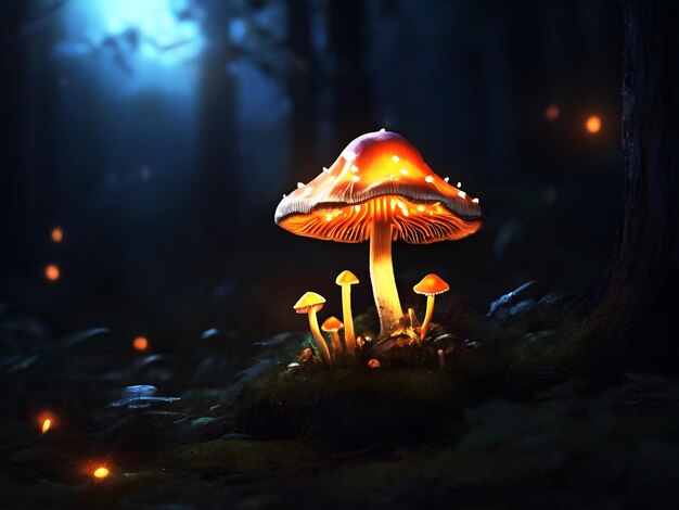 Fairy glowing chantrelle mushroom Night in the mystical forest Generated