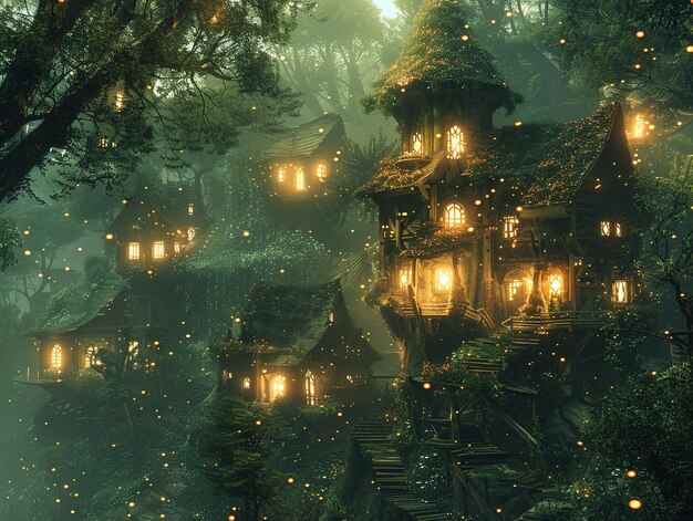 a fairy house in the forest with a lantern on the roof