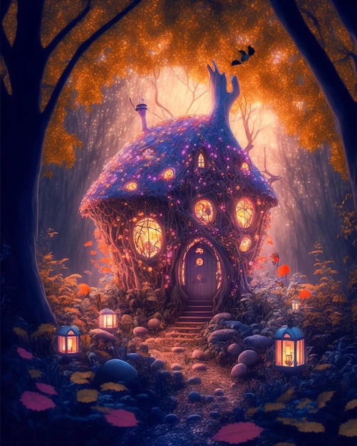 A fairy house in the forest with a lantern and the words fairy tale.