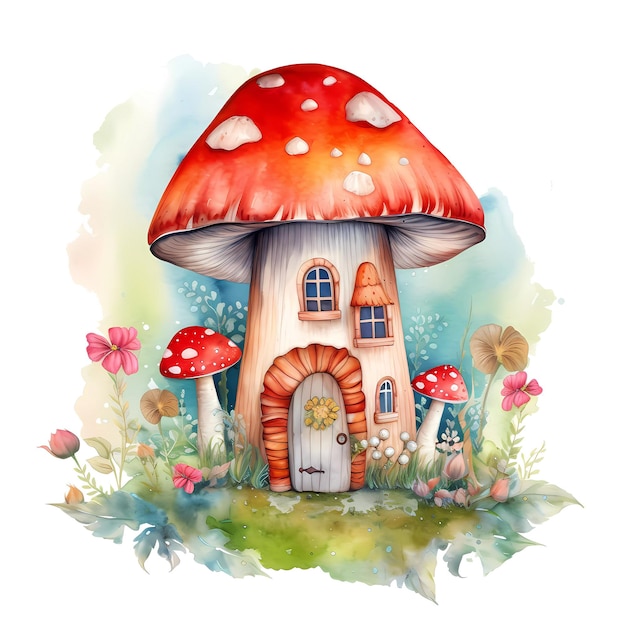 A fairy house mushroom watercolor clipart