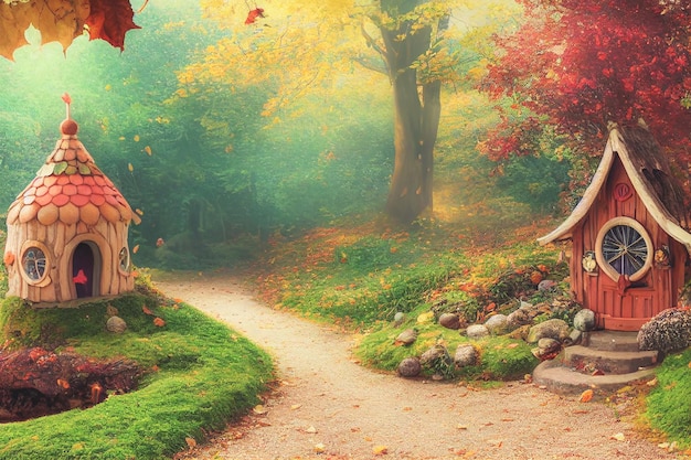 Fairy house surrounded by acorns and autumn leaves