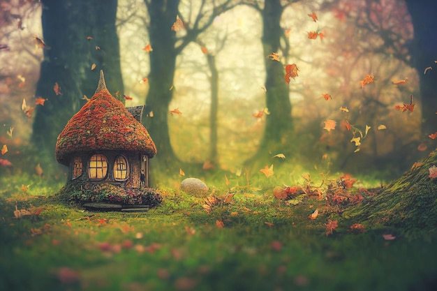 Fairy house surrounded by acorns and autumn leaves