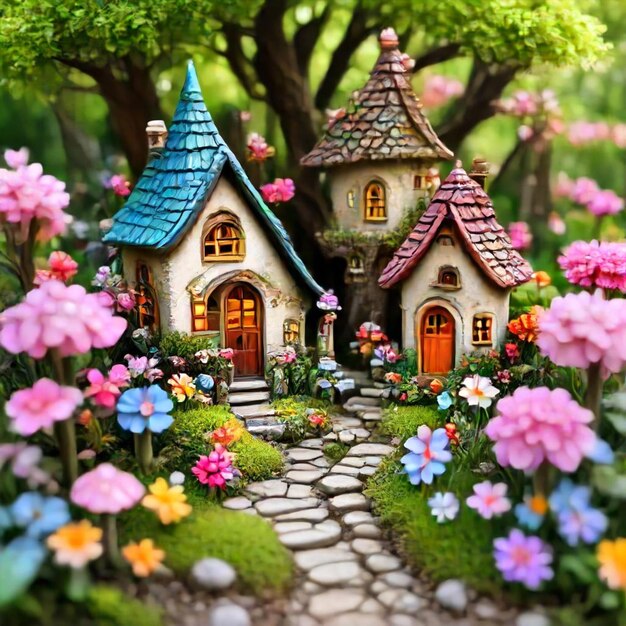 a fairy house with flowers and a small house with a blue roof