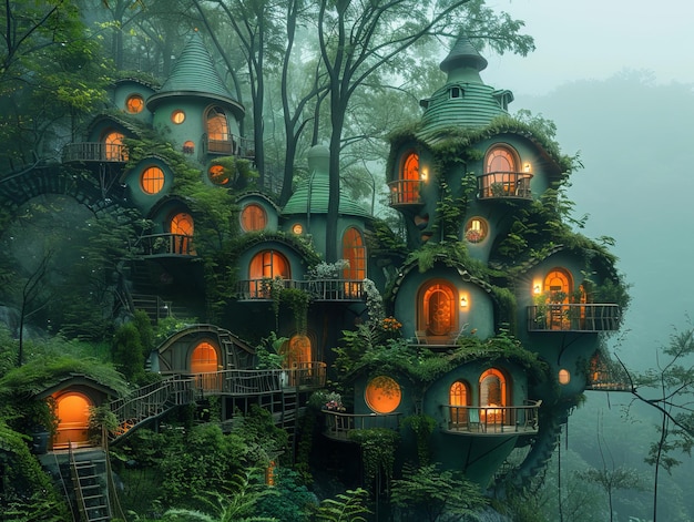 a fairy house with a green roof and a house with a tree house on the top