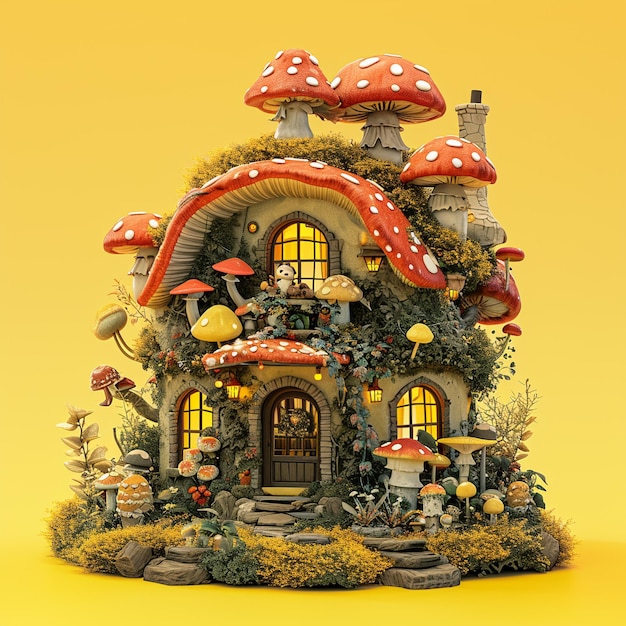 a fairy house with mushrooms on the roof and a red mushroom on the front