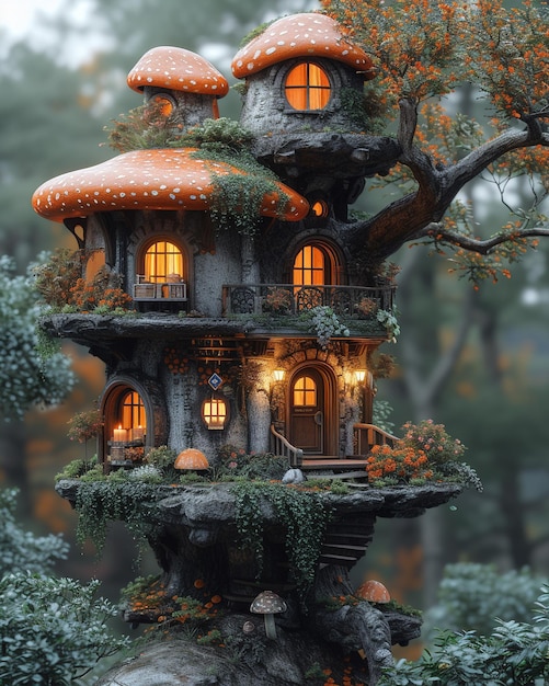 a fairy house with a tree in the background