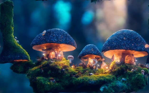 Fairy houses in fantasy forest with glowing mushrooms Digital artwork ai generative