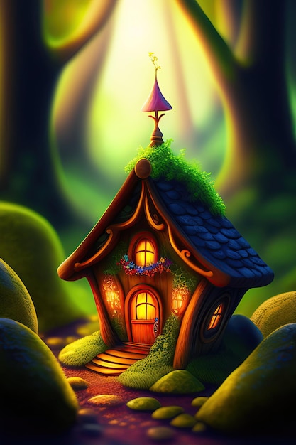 Fairy houses in fantasy forest with glowing mushrooms Digital artwork