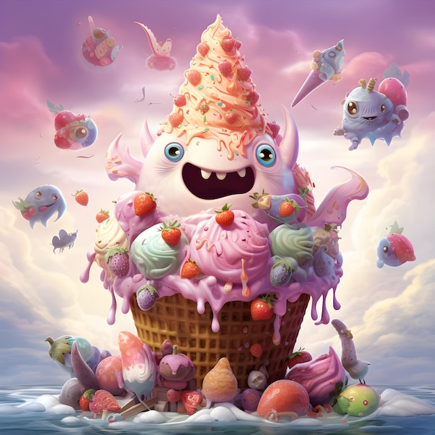 A fairy ice cream monster sprinkling magical toppings onto cones