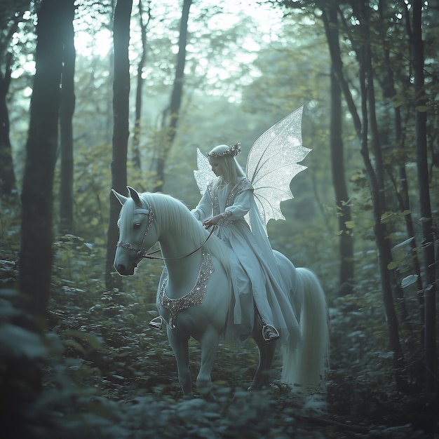 Fairy knight with crystal wings on a white horse in a magical forest fantasy