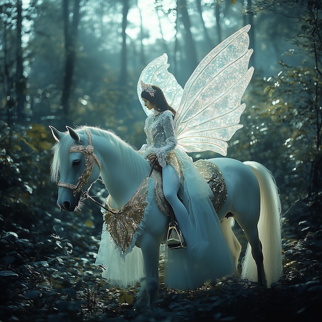 Photo fairy knight with crystal wings on a white horse in a magical forest fantasy