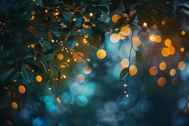 Photo fairy lights softly illuminate a branch in a dimly lit forest setting magical fairy lights twinkling softly