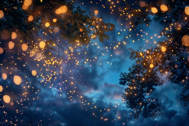 Fairy lights twinkle and flicker in the sky creating a magical and enchanting scene Imagine a fantastical world where fairy lights create a mesmerizing constellation in the night sky