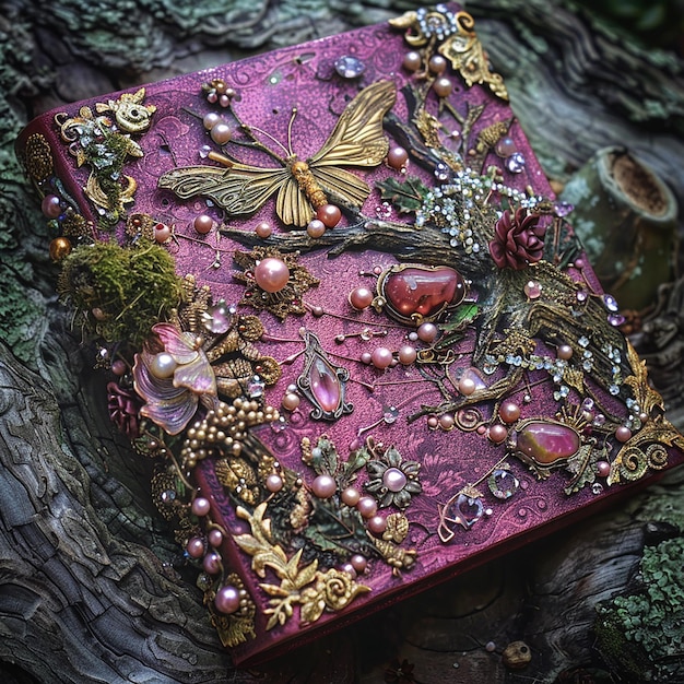 Photo fairy medieval renaissance antique gold spell book of shadows magical grimoire in red and pink with