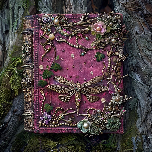 Photo fairy medieval renaissance antique gold spell book of shadows magical grimoire in red and pink with