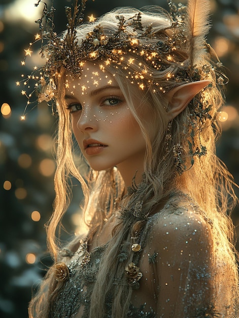 Photo a fairy queen with crown of stars ruling over wallpaper