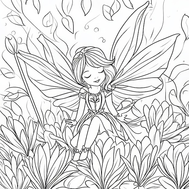 Photo a fairy sits on a flower bed with a butterfly on it