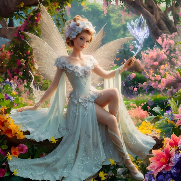 a fairy sits in a garden with flowers and a butterfly