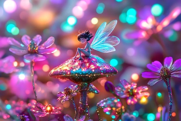 Photo a fairy sits on a sparkling mushroom in a dreamlike garden