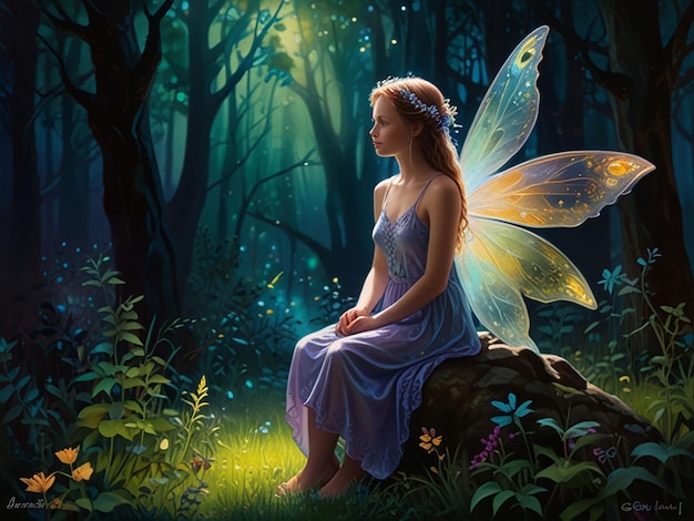 a fairy sits on a tree branch in the forest