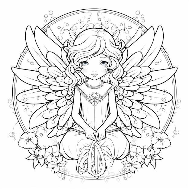 A fairy sitting on a flowery background.