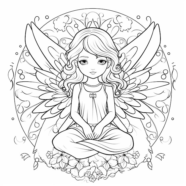 A fairy sitting on a flowery background.