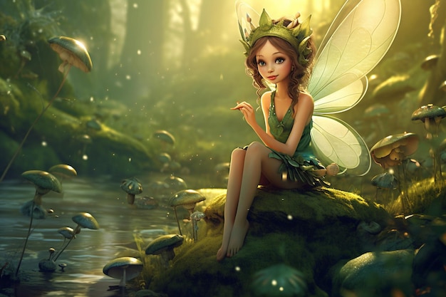 A fairy sitting on a rock with mushrooms on the ground.