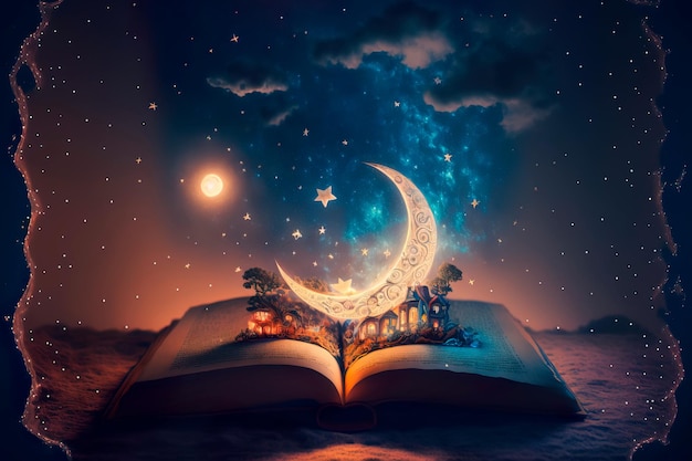 Fairy tale book against the background of the night sky with the moon Generative AI