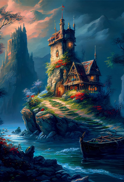 Fairy tale castle illustration Generative AI