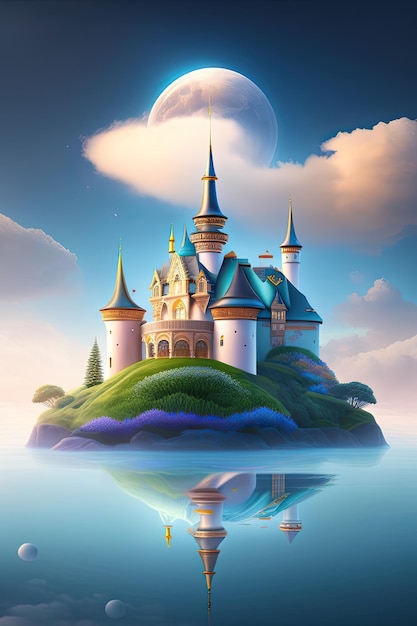 Fairy tale castle The palace is above the clouds in the sky