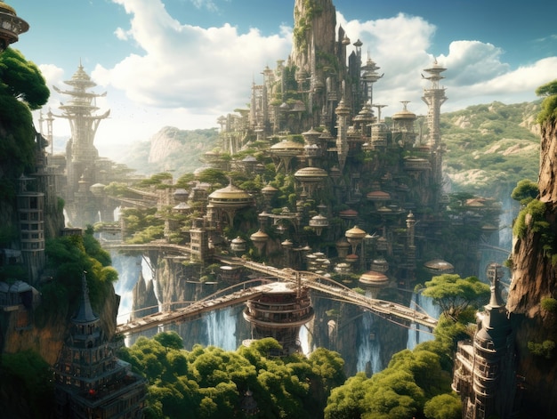 A fairy tale fantasy city floating on a cloudy sky old and futuristic architecture connect the city with a bridge Generative AI