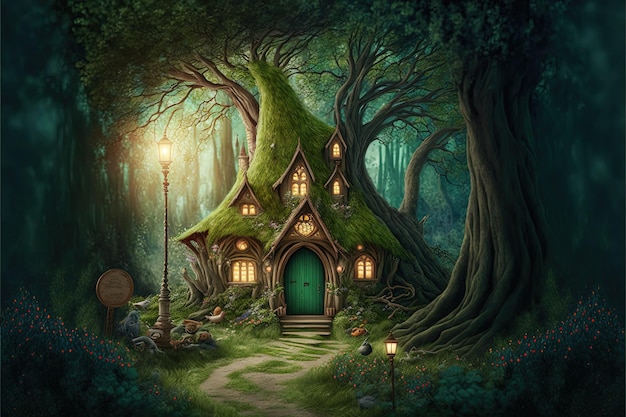 Fairy tale fantasy forest wiht green grass and little cottage house in the woods with tall trees illustration Generative Ai