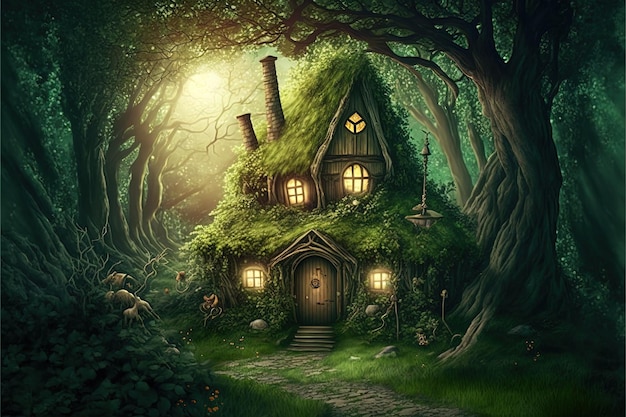 Fairy tale fantasy forest wiht green grass and little cottage house in the woods with tall trees illustration Generative Ai