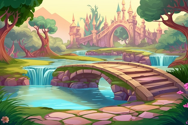 Fairy tale forest with charming bridges and sparkling waterfalls