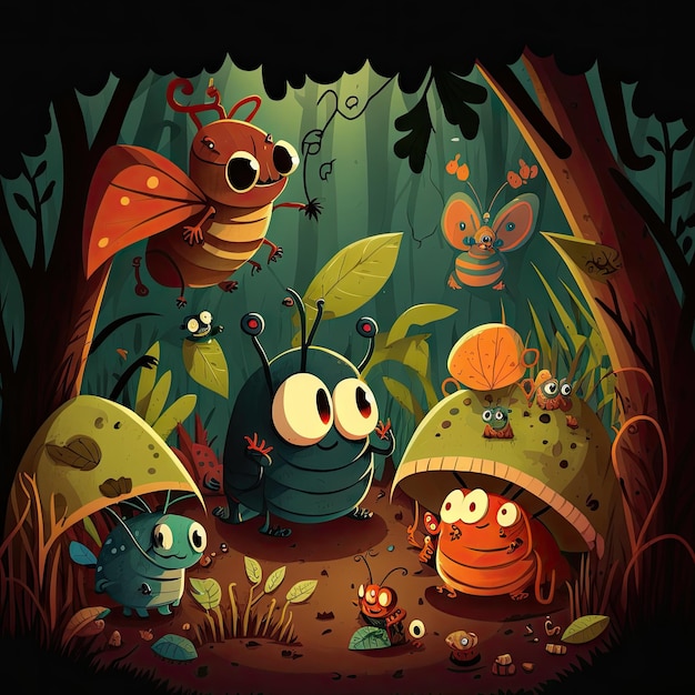 Fairy tale forest with insects scene bugs and caterpillars in leaves ai generated background Pretty wildlife creatures butterflies and larvae insects ladybug characters among forest trees