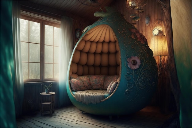 Fairy tale huge soft armchair in wooden hut room created with generative ai