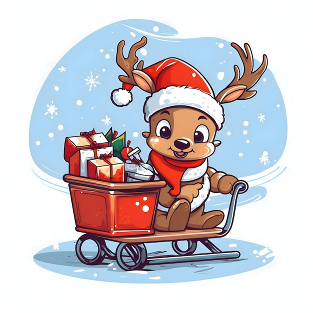 Fairy tale illustration of a cheerful reindeer dressed as Santa in a cart sleigh on a white background with gifts Christmas card as a symbol of remembrance of the birth of the Savior